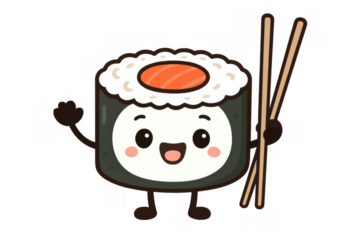 Cute smiling sushi maki cartoon character holding chopsticks and waving hand, delicious japanese cuisine mascot