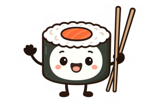 Cute smiling sushi maki cartoon character holding chopsticks and waving hand, delicious japanese cuisine mascot