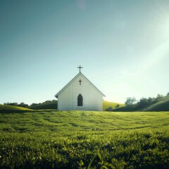 realistic countryside church surrounded by green fields and trees