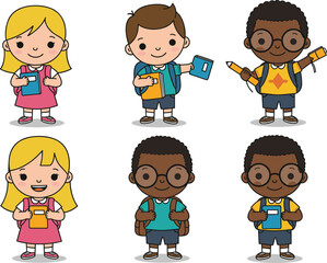 Cute diverse school children holding books and pencils, happy boys and girls cartoon characters with backpacks, education and learning concept, flat vector illustration, cad drawing style