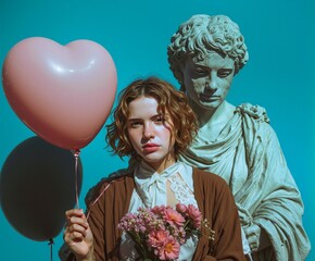 Surreal romantic concept featuring a young woman holding a pink heart balloon beside a classical statue. A poetic blend of love, art, and nostalgia with soft tones and a dreamy turquoise background.