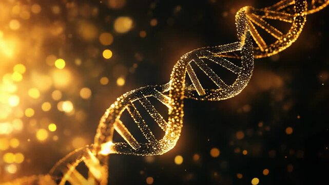 Golden dna double helix structure creating particles - Powered by Adobe