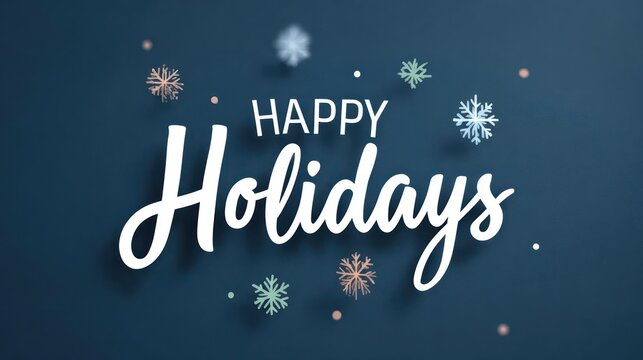 Festive happy holidays handwritten lettering with colorful snowflakes and subtle bokeh on a dark blue background