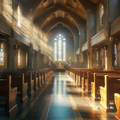 realistic church interior with wooden pews, sunlight streaming through stained glass windows