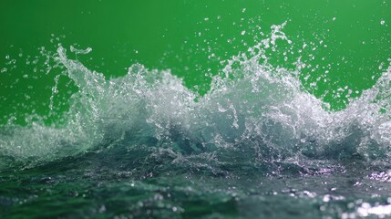 Flowing water stream against vibrant green backdrop showcasing splashes and movement, perfect for various creative projects and visual effects