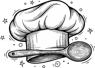 Black and white drawing of a chef's hat with a wooden spoon, surrounded by stars and swirls.