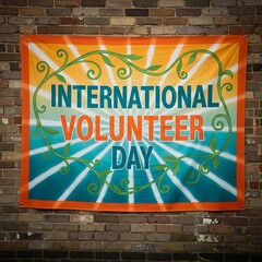 Colorful banner for international volunteer day hanging on a brick wall