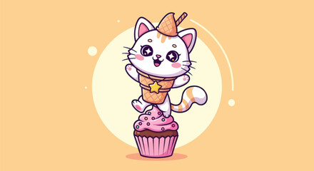 Cartoon cat mascot wearing ice cream cone on cupcake illustration