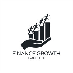 Obraz premium Finance Growth Logo with Hand and People Climbing Bar Chart Representing Success, Teamwork, and Business Development