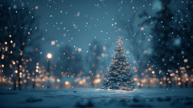 Snowy Christmas tree illuminated with lights, camera slowly zooms in through falling snow