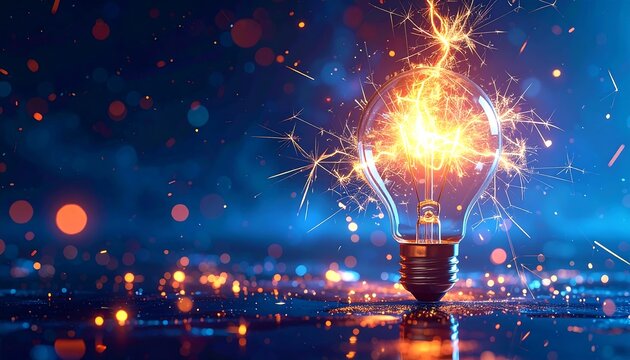 Illuminated bulb with sparks emitting, against blue bokeh backdrop with bright orange highlights, glistening reflections