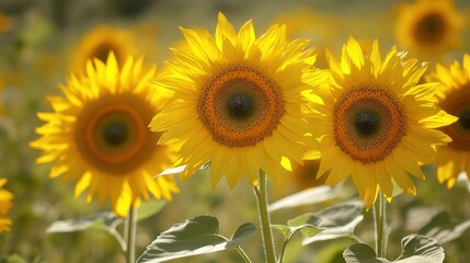 Fototapeta premium Yellow Sunflowers in Full Bloom with Bright Petals and Golden Light