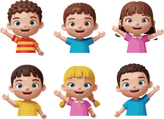 Happy smiling children waving hands, cute cartoon kids expressing joy and excitement, friendship, diversity, childhood emotions – cad drawing flat vector illustration