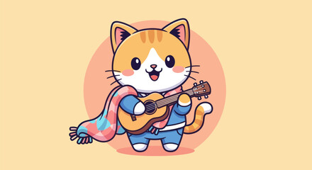 Cartoon cat playing guitar with scarf musical theme on yellow background