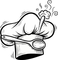 Illustration of a chef's hat with a wooden spoon and steam rising.
