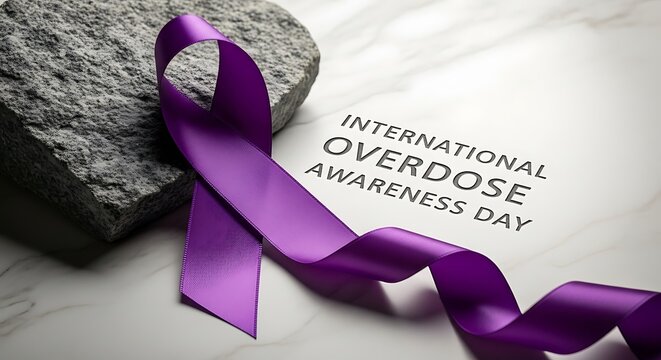 International overdose awareness day with purple ribbon and stone