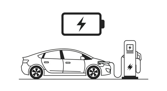 An electric car is charging at a charging station with a battery symbol above.