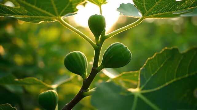 Macro shot of a branch adorned with fresh green figs and leaves, flourishing on a tree. The golden glow of the setting sun filters through the leaves, casting a cozy radiance
