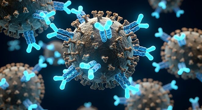 Highly Detailed 3D Illustration of a Virus Particle Encased with Antibodies for Infectious Disease Research and Medical Diagnostics
