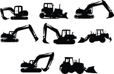 Construction vehicle silhouettes, excavator, bulldozer, tractor, heavy machinery, industrial equipment, earth mover, digger, loader, icon set, black graphic