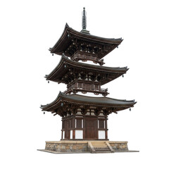 Fototapeta premium Traditional Japanese Pagoda With Multiple Tiers And Dark Wooden Accents Isolated On A Black Background With Stone Foundation