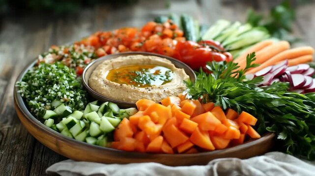 Hummus and vegetable platter, diced, arranged on a round wooden tray
