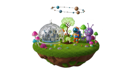 Astronaut and Alien on a Floating Island with Dome and Planets image