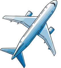 A blue and white airplane is shown from above, with wings and engines visible.