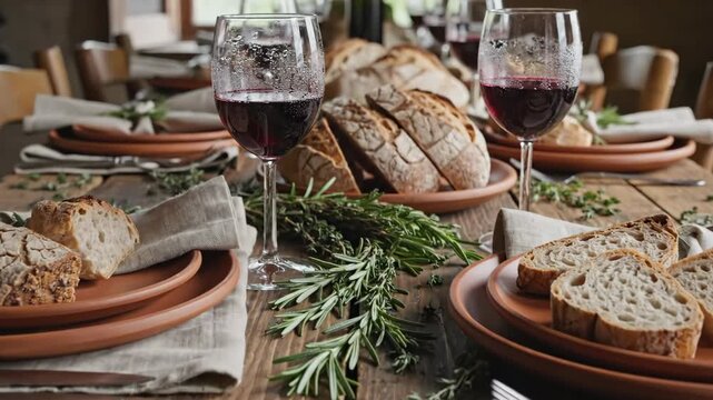 A warm dinner setting awaits as rustic wooden tables display freshly baked bread and crystal wine glasses, enhanced by fragrant rosemary sprigs.