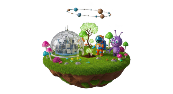 Astronaut and Alien on a Floating Island with Dome and Planets image