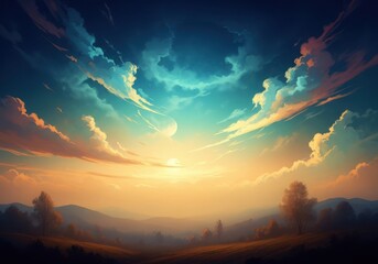 Fototapeta premium Dramatic sunset sky with wispy clouds isolated on white background