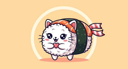 Cartoon cat sushi illustration vector design on beige background