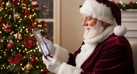 Santa Claus on video call with tablet. Holiday spirit connecting people, distance communication, modern celebration, joy, gift, Christmas tradition