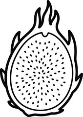 Illustration of a halved dragon fruit, showcasing its unique texture and vibrant appearance for simple coloring book