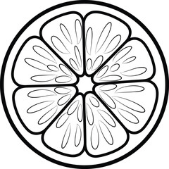 Illustration of a sliced orange, showcasing its juicy segments and refreshing appearance for simple coloring book