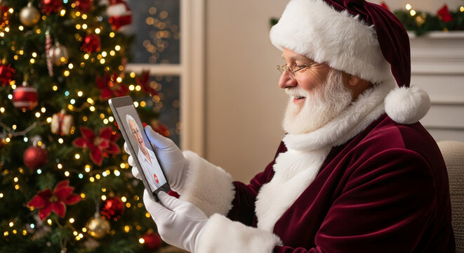 Santa Claus on video call with tablet. Holiday spirit connecting people, distance communication, modern celebration, joy, gift, Christmas tradition