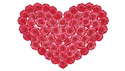 Heart shape formed by red roses on a white background, a romantic floral arrangement with delicate petals