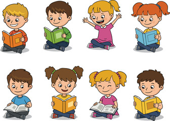 Happy children reading books together, kids enjoying learning and education, sitting on floor with open books, cartoon study concept flat vector illustration