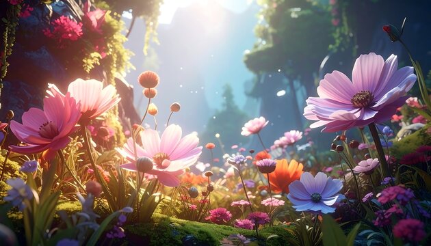 Lush garden scene with wildflowers in full bloom, bathed in warm sunlight