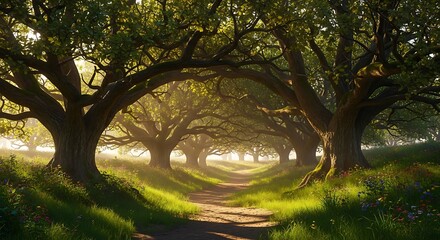 A sundappled path through an archway of ancient oak trees