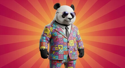 Cool panda wearing sunglasses and a colorful patterned suit stands confidently against a bright burst background. Perfect for creative projects about style, confidence, and fun business themes. © Alice O