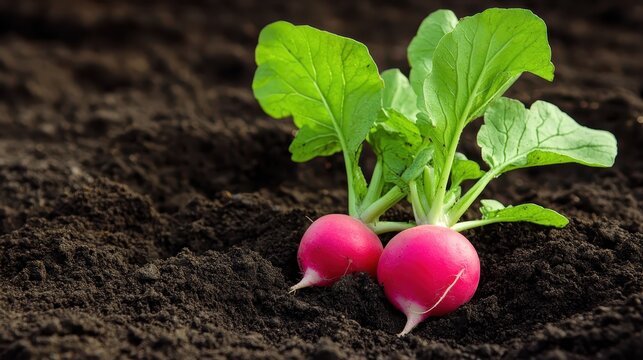 Two fresh pink radishes with green leaves growing in soil - Powered by Adobe