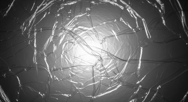 Abstract black and white network design with glowing lines and nodes forming a sphere. Perfect for tech projects, data concepts, digital communication themes, and modern backgrounds.