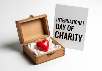 Red heart in a wooden box with international day of charity card on white background