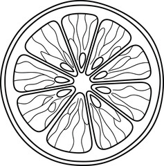 A black and white illustration of a citrus fruit slice, , showcasing its segments for simple coloring book