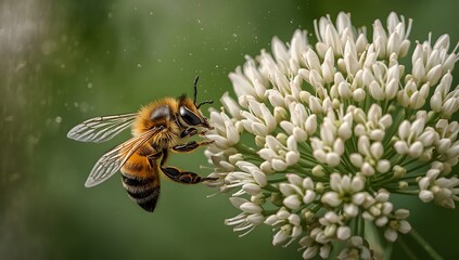 A honeybee collecting nectar from a cluster of white onion flowers
