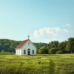 realistic countryside church surrounded by green fields and trees