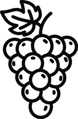 A simple black and white drawing of a bunch of grapes with a leaf, , in outline style for simple coloring book