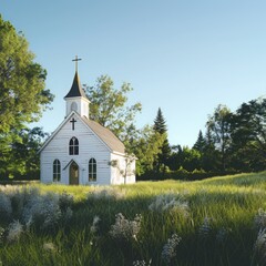 realistic countryside church surrounded by green fields and trees