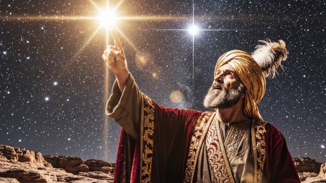 Under a vast, starry sky, a wise man in ornate robes reaches out to a shining star. The desert surrounds him, illuminated by celestial light, as he contemplates his path ahead.